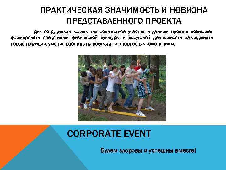 ПРАКТИЧЕСКАЯ ЗНАЧИМОСТЬ И НОВИЗНА ПРЕДСТАВЛЕННОГО ПРОЕКТА Для сотрудников коллектива совместное участие в данном проекте