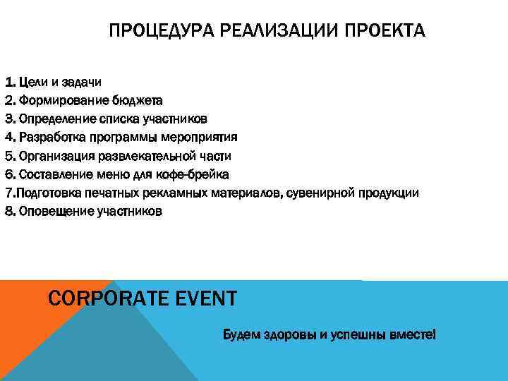 ПРОЦЕДУРА РЕАЛИЗАЦИИ ПРОЕКТА 1. Цели и задачи 2. Формирование бюджета 3. Определение списка участников