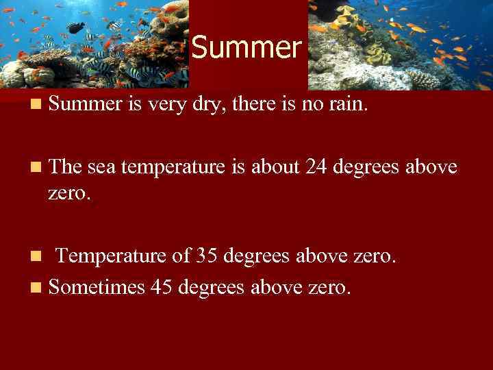 Summer n Summer is very dry, there is no rain. n The sea temperature