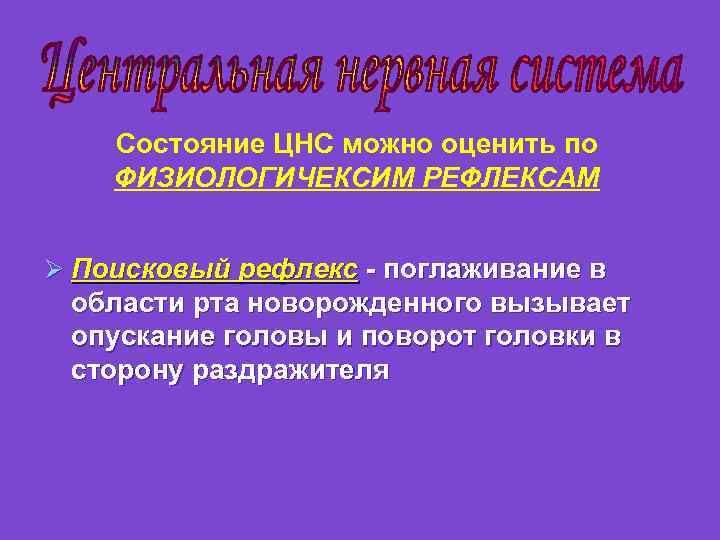 Состояние ЦНС можно оценить по ФИЗИОЛОГИЧЕКСИМ РЕФЛЕКСАМ Ø Поисковый рефлекс - поглаживание в области