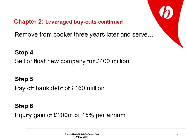 Chapter 2: Leveraged buy-outs continued Remove from cooker three years later and serve… Step