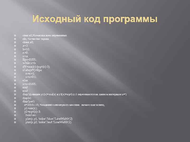 Исходный код программы clear all; %очистка всех переменных clc; %очистка экрана close all; a=3;