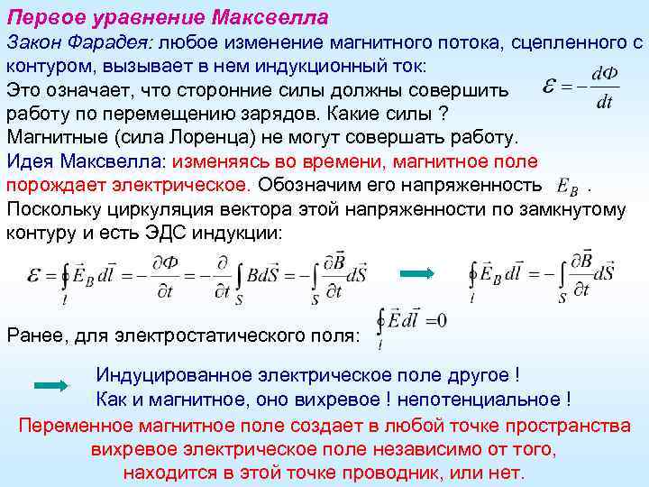 Первое уравнение Максвелла Закон Фарадея: любое изменение магнитного потока, сцепленного с контуром, вызывает в