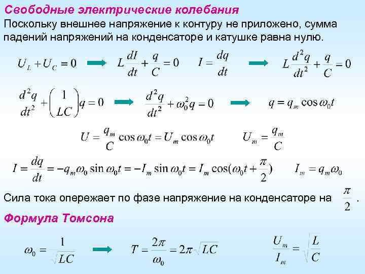 Свободные электрические колебания Поскольку внешнее напряжение к контуру не приложено, сумма падений напряжений на