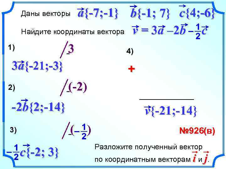 a{-7; -1} b{-1; 7} c{4; -6} – 1 c Найдите координаты вектора v =