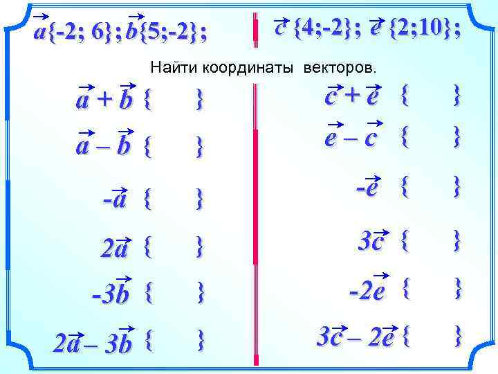 a{-2; 6}; b{5; -2}; c {4; -2}; e {2; 10}; Найти координаты векторов. }