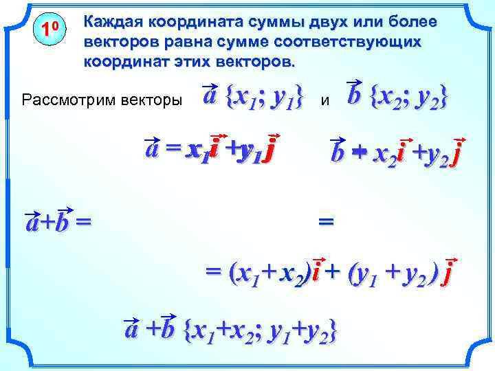 10 Каждая координата суммы двух или более векторов равна сумме соответствующих координат этих векторов.