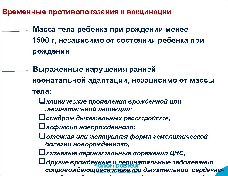 Временные противопоказания к вакцинации Масса тела ребенка при рождении менее 1500 г, независимо от