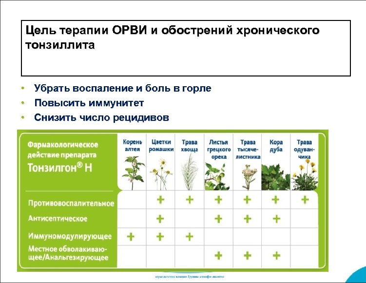 Цель терапии ОРВИ и обострений хронического тонзиллита • • • Убрать воспаление и боль
