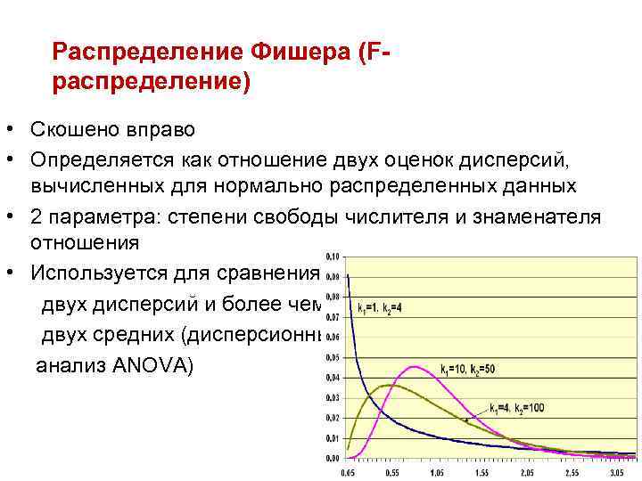 Распределение Фишера (Fраспределение) • Скошено вправо • Определяется как отношение двух оценок дисперсий, вычисленных