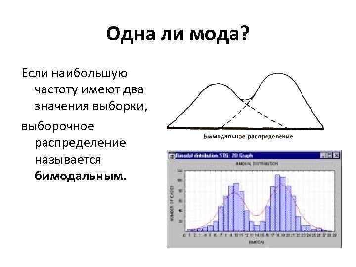 Одна ли мода? Если наибольшую частоту имеют два значения выборки, выборочное распределение называется бимодальным.