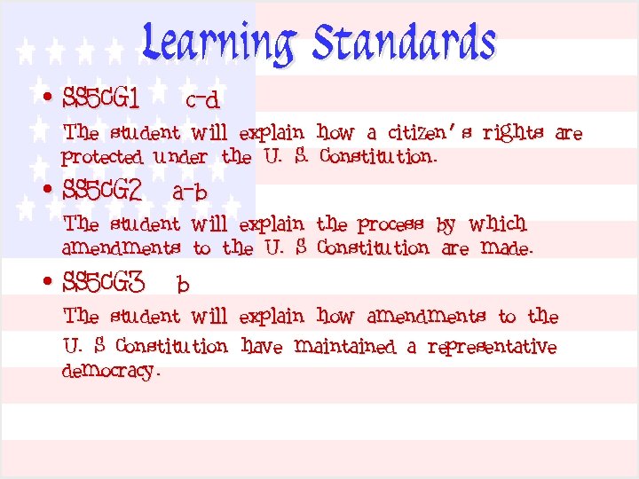 Learning Standards • SS 5 CG 1 c-d The student will explain how a