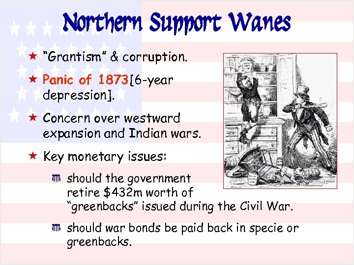 Northern Support Wanes « “Grantism” & corruption. « Panic of 1873 [6 -year depression].