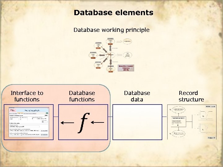 Database elements Database working principle Interface to functions Database functions Database data Record structure