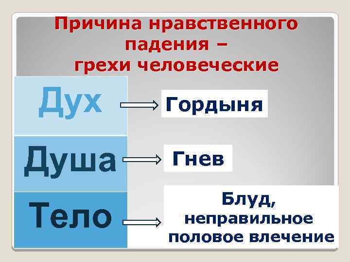 Причина нравственного падения – грехи человеческие Дух Душа Тело Гордыня Гнев Блуд, неправильное половое