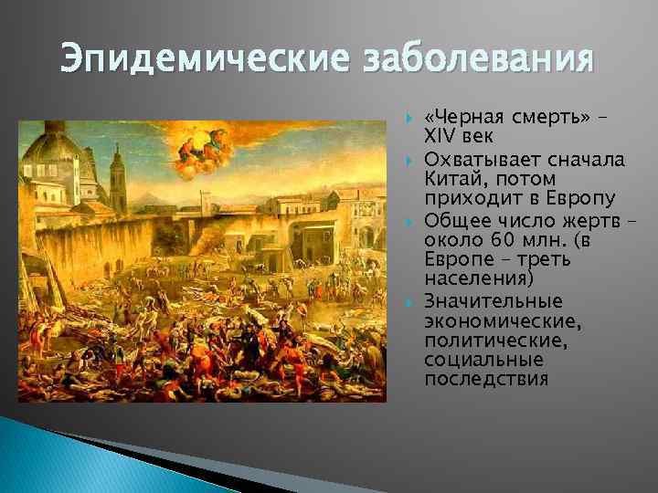 Эпидемические заболевания «Черная смерть» XIV век Охватывает сначала Китай, потом приходит в Европу Общее