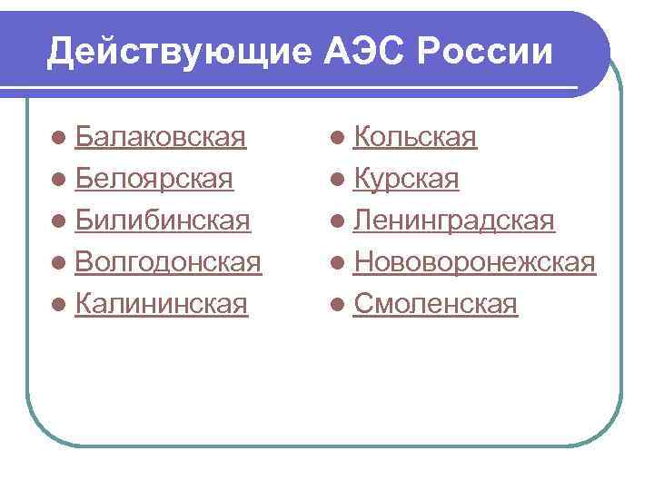 Действующие АЭС России l Балаковская l Кольская l Белоярская l Курская l Билибинская l