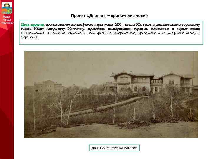 Проект «Деревья – хранители эпохи» Цель проекта: восстановление ландшафтного парка конца XIX - начала