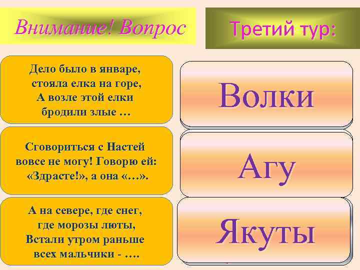 Внимание! Вопрос Дело было в январе, стояла елка на горе, А возле этой елки