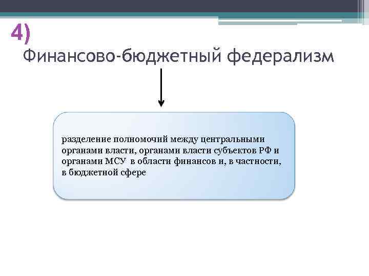 4) Финансово-бюджетный федерализм разделение полномочий между центральными органами власти, органами власти субъектов РФ и