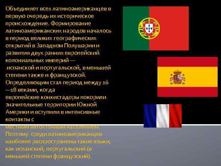 Объединяет всех латиноамериканцев в первую очередь их историческое происхождение. Формирование латиноамериканских народов началось в