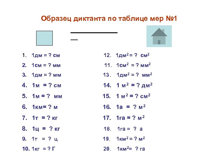 Образец диктанта по таблице мер № 1 1. 1 дм = ? см 12.