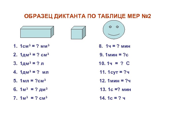 ОБРАЗЕЦ ДИКТАНТА ПО ТАБЛИЦЕ МЕР № 2 1. 1 см 3 = ? мм