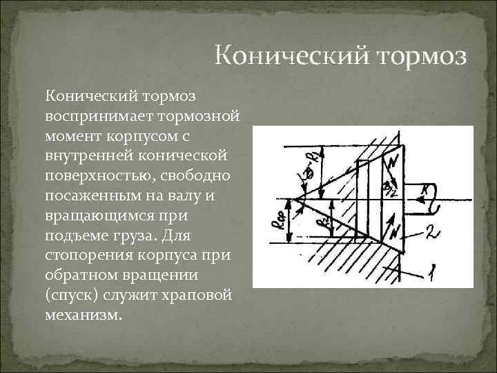 Конический тормоз воспринимает тормозной момент корпусом с внутренней конической поверхностью, свободно посаженным на валу