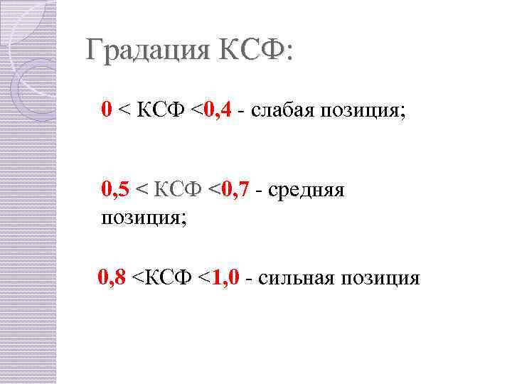 Градация КСФ: 0 < КСФ <0, 4 - слабая позиция; 0, 5 < КСФ