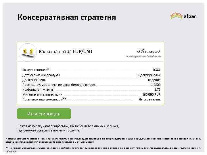 Консервативная стратегия Валютная пара EUR/USD 8 % за период Потенциальная доходность Защита капитала* Дата