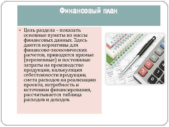 Финансовый план Цель раздела – показать основные пункты из массы финансовых данных. Здесь даются