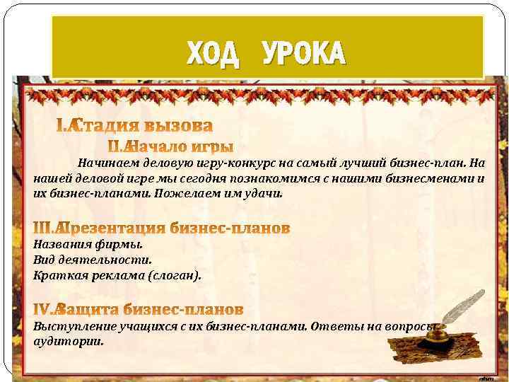 ХОД УРОКА Начинаем деловую игру-конкурс на самый лучший бизнес-план. На нашей деловой игре мы