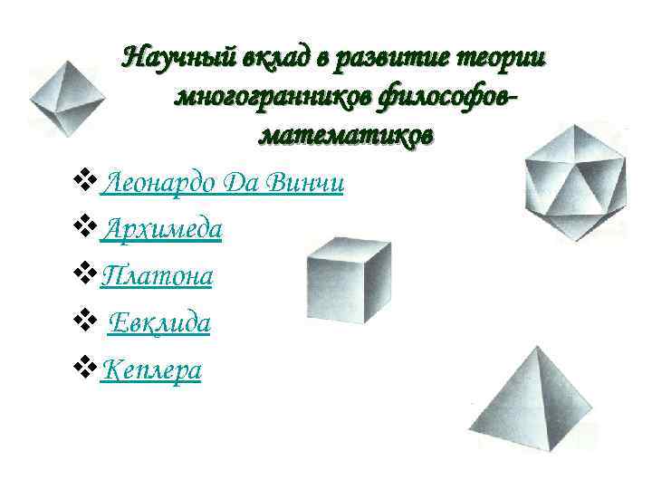 Научный вклад в развитие теории многогранников философовматематиков v. Леонардо Да Винчи v. Архимеда v.