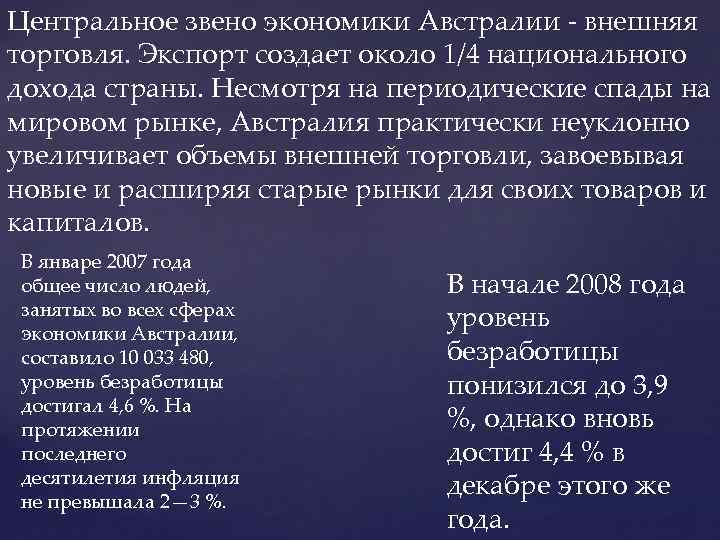 Центральное звено экономики Австралии - внешняя торговля. Экспорт создает около 1/4 национального дохода страны.