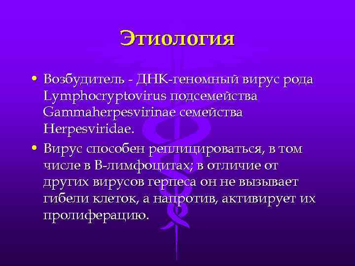Этиология • Возбудитель - ДНК-геномный вирус рода Lymphocryptovirus подсемейства Gammaherpesvirinae семейства Herpesviridae. • Вирус