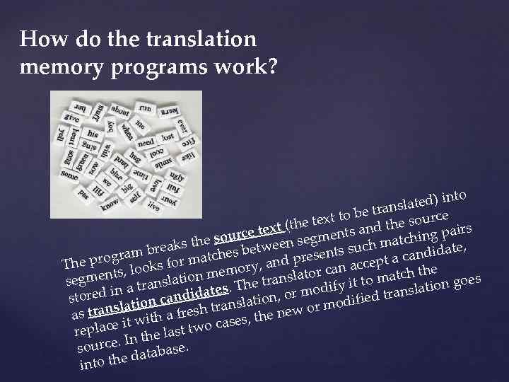 How do the translation memory programs work? nto lated) i ans to be tr