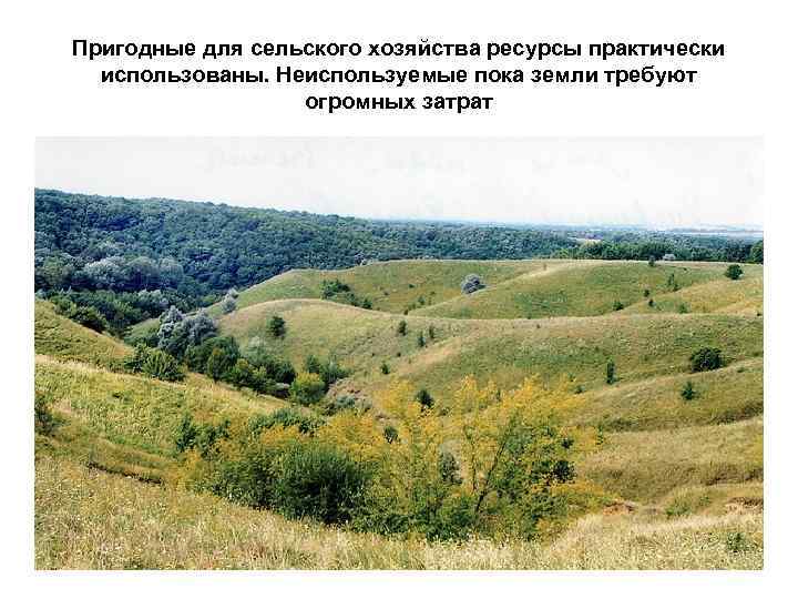 Пригодные для сельского хозяйства ресурсы практически использованы. Неиспользуемые пока земли требуют огромных затрат 