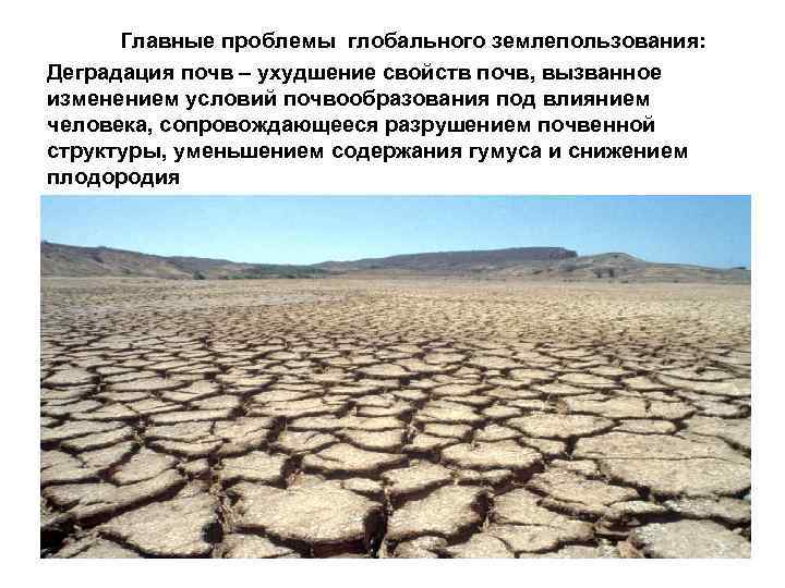 Главные проблемы глобального землепользования: Деградация почв – ухудшение свойств почв, вызванное изменением условий почвообразования