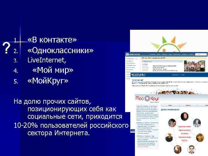 Наиболее популярные ресурсы среди пользователей «Рунета» , 09. 2009 ? 2. «В контакте» «Одноклассники»