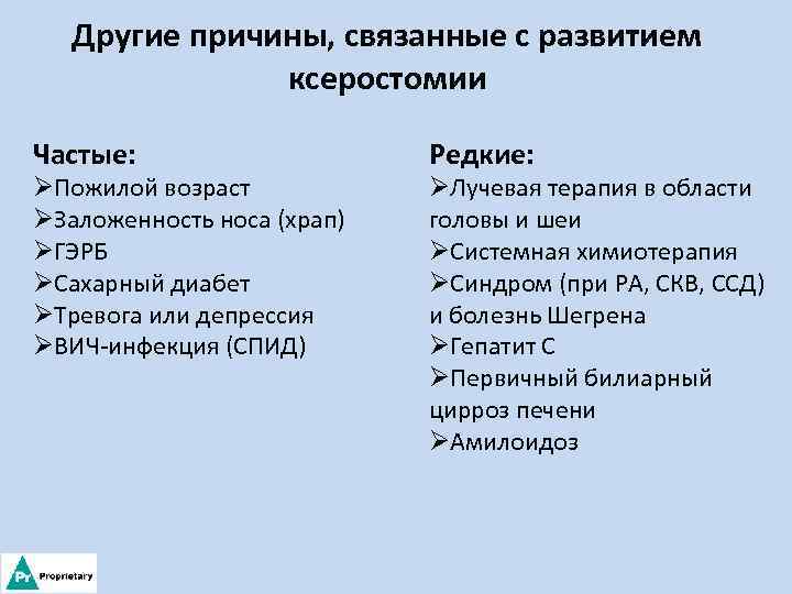 Другие причины, связанные с развитием ксеростомии Частые: ØПожилой возраст ØЗаложенность носа (храп) ØГЭРБ ØСахарный