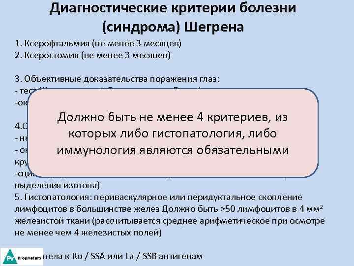 Диагностические критерии болезни (синдрома) Шегрена 1. Ксерофтальмия (не менее 3 месяцев) 2. Ксеростомия (не