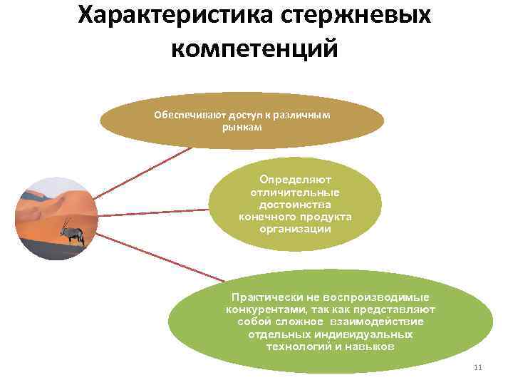 Характеристика стержневых компетенций Обеспечивают доступ к различным рынкам Определяют отличительные достоинства конечного продукта организации