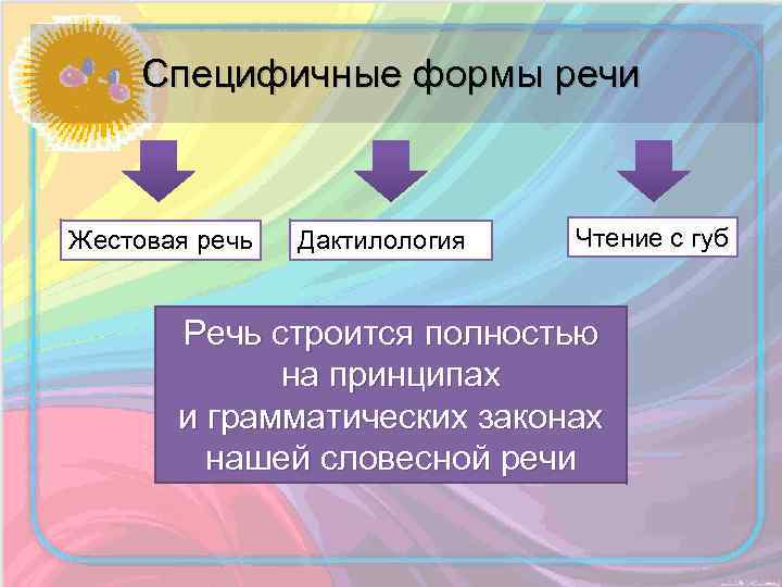 Специфичные формы речи Жестовая речь Дактилология Чтение с губ Речь строится полностью на принципах