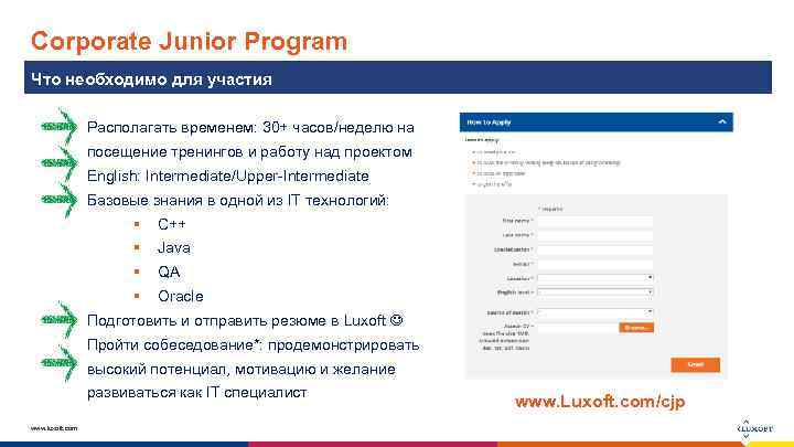 Corporate Junior Program Что необходимо для участия Располагать временем: 30+ часов/неделю на посещение тренингов