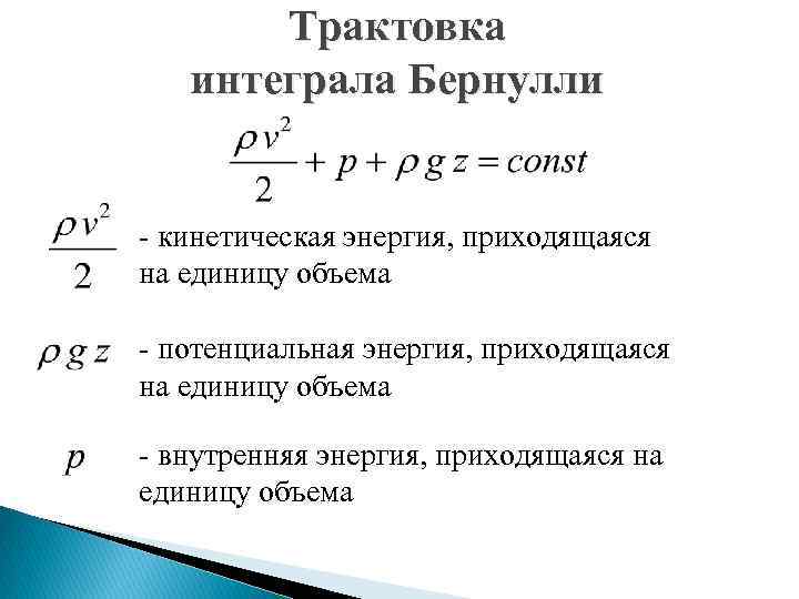 Трактовка интеграла Бернулли - кинетическая энергия, приходящаяся на единицу объема - потенциальная энергия, приходящаяся