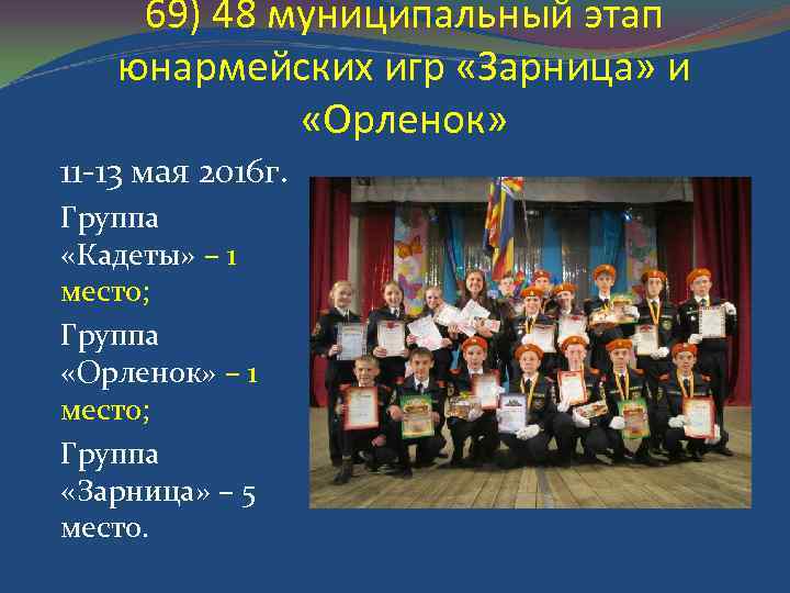 69) 48 муниципальный этап юнармейских игр «Зарница» и «Орленок» 11 -13 мая 2016 г.