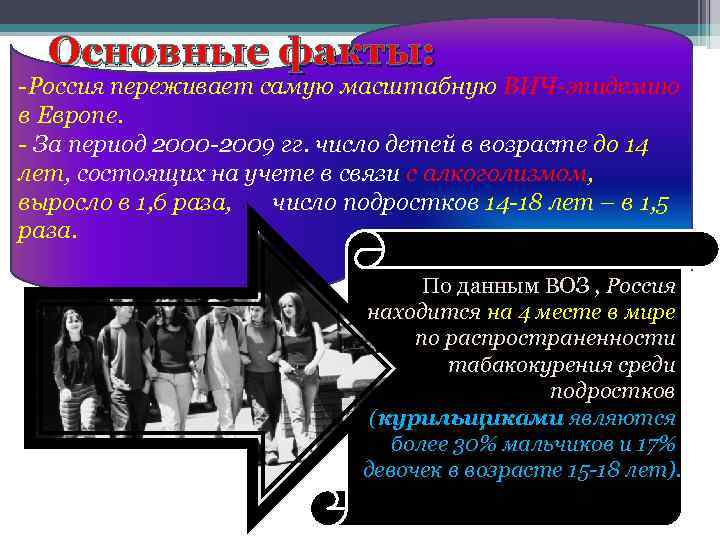 Основные факты: -Россия переживает самую масштабную ВИЧ-эпидемию в Европе. - За период 2000 -2009