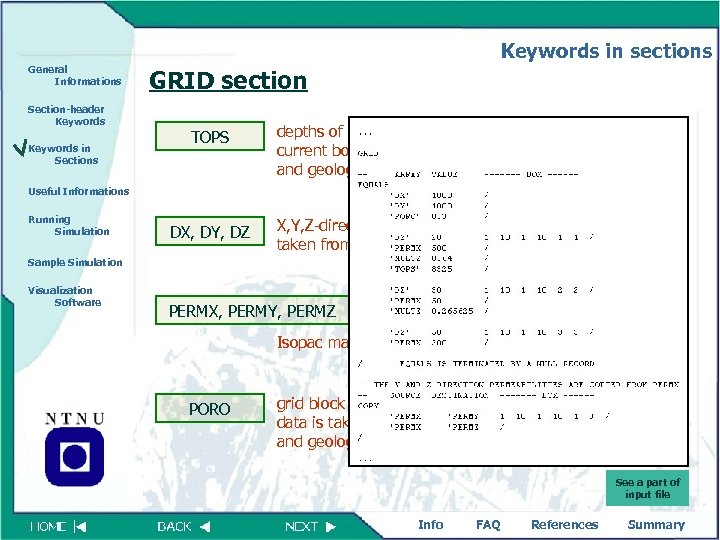 Keywords in sections General Informations GRID section Section-header Keywords in Sections TOPS depths of