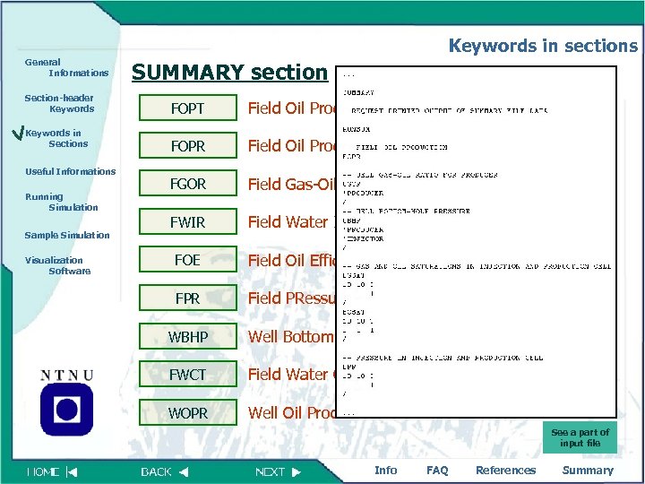 Keywords in sections General Informations Section-header Keywords in Sections Useful Informations Running Simulation Sample