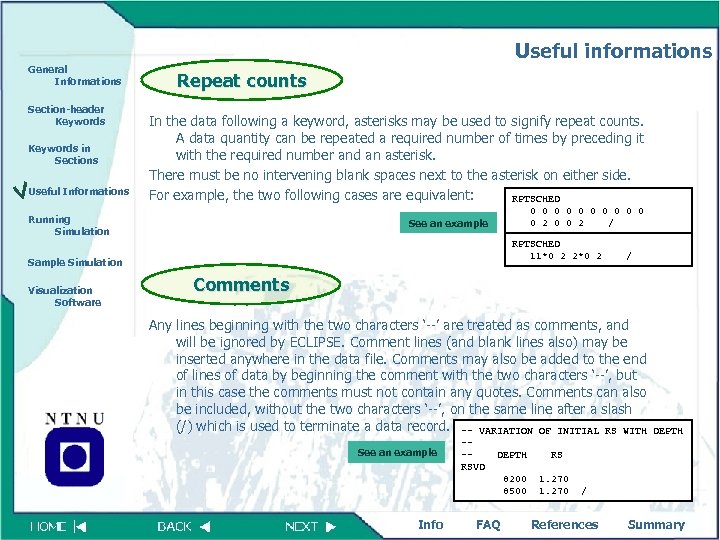 Useful informations General Informations Section-header Keywords in Sections Useful Informations Repeat counts In the